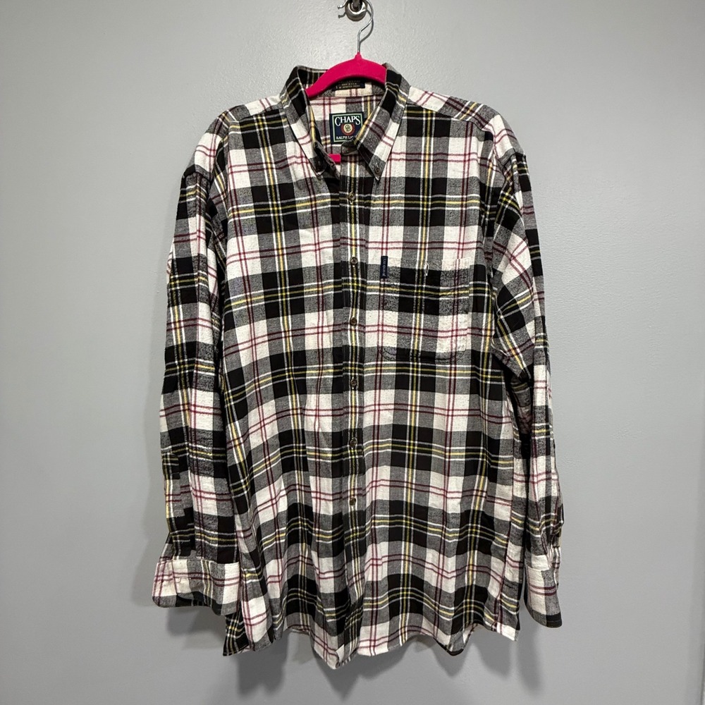VTG CHAPS Ralph Lauren Mens Plaid Flannel Shirt Button Up Long Sleeve Black L